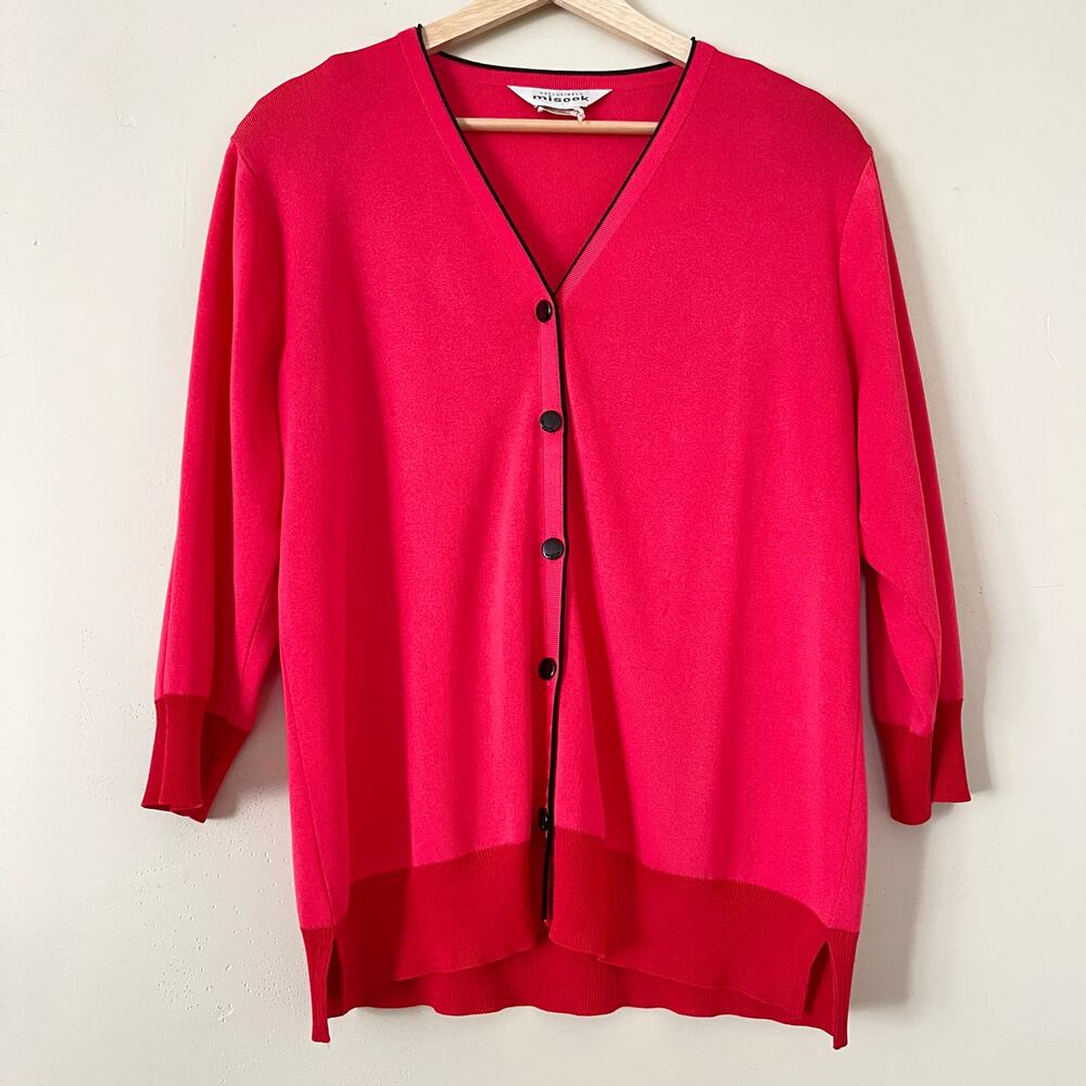 Exclusively Misook Acrylic Cardigan Button Large Hot Pink Red Colorblock Travel
